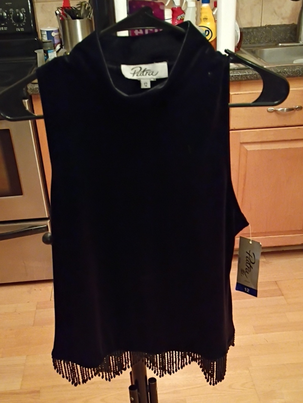 Patra Black Velvet Sleeveless Top with Beaded Fringe